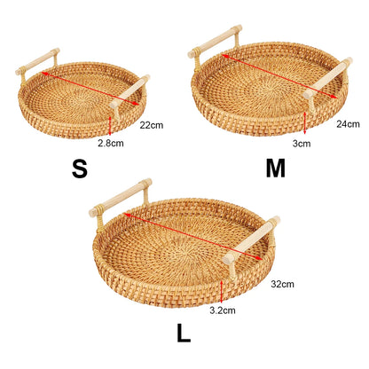 Dinner Serving Tray Breakfast Bread Food Plate Handwoven Rattan Storage Tray Round Shape Fruit Cake Wicker Basket With Handle