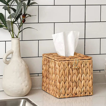 Water Hyacinth Woven Tissue Box Rattan Woven Lid Sanitary Paper Box Household Living Room Pumping Paper Box Storage