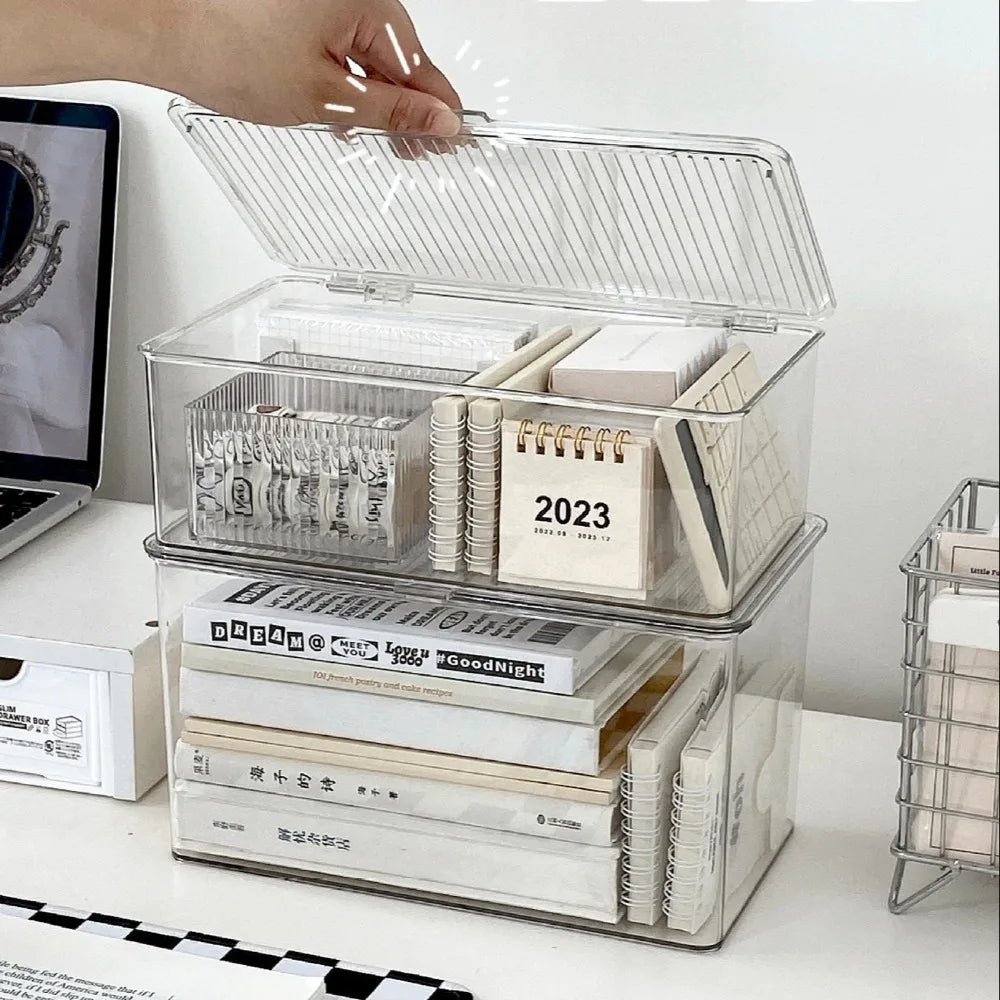 Desktop Storage Box Transparent PET Desk Stationery Hand Account Storage Box Large Capacity Drawer Cosmetic Organizer