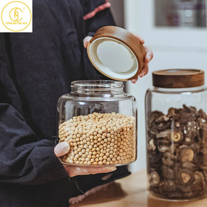 1.25/1.95/2.5/3.4L Glass Round Food Storage Jar with Wooden Lid Kitchen Coffee Beans Tea Grains Canister Home Snack Storage Tank