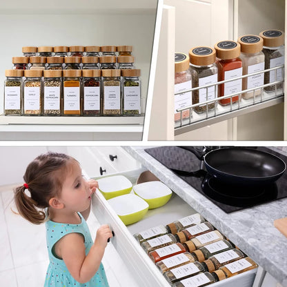 12pcs Wood Cover Glass Spice Jars Square Transparent Seasoning Storage Bottles Kitchen Salt Spices Ground Pepper Sealing Tools