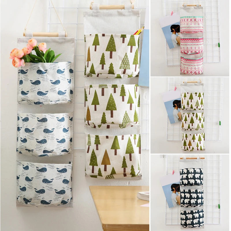 Home Kitchen Wall Mounted Storage Bag With 3 Pockets Linen Fabric Waterproof Wall Door Closet Hanging Organizer For Bath Bedroom