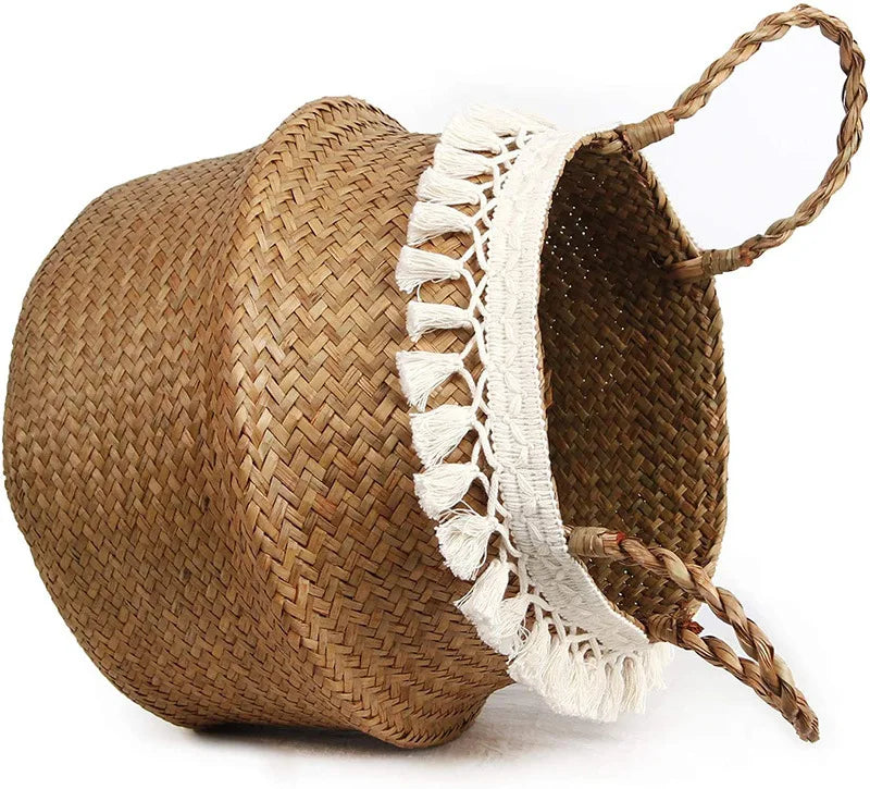 Tassel Macrame Woven Seagrass Belly Basket for Storage, Decoration, Laundry, Picnic, Plant Basin Cover, Groceries and Toy Storag