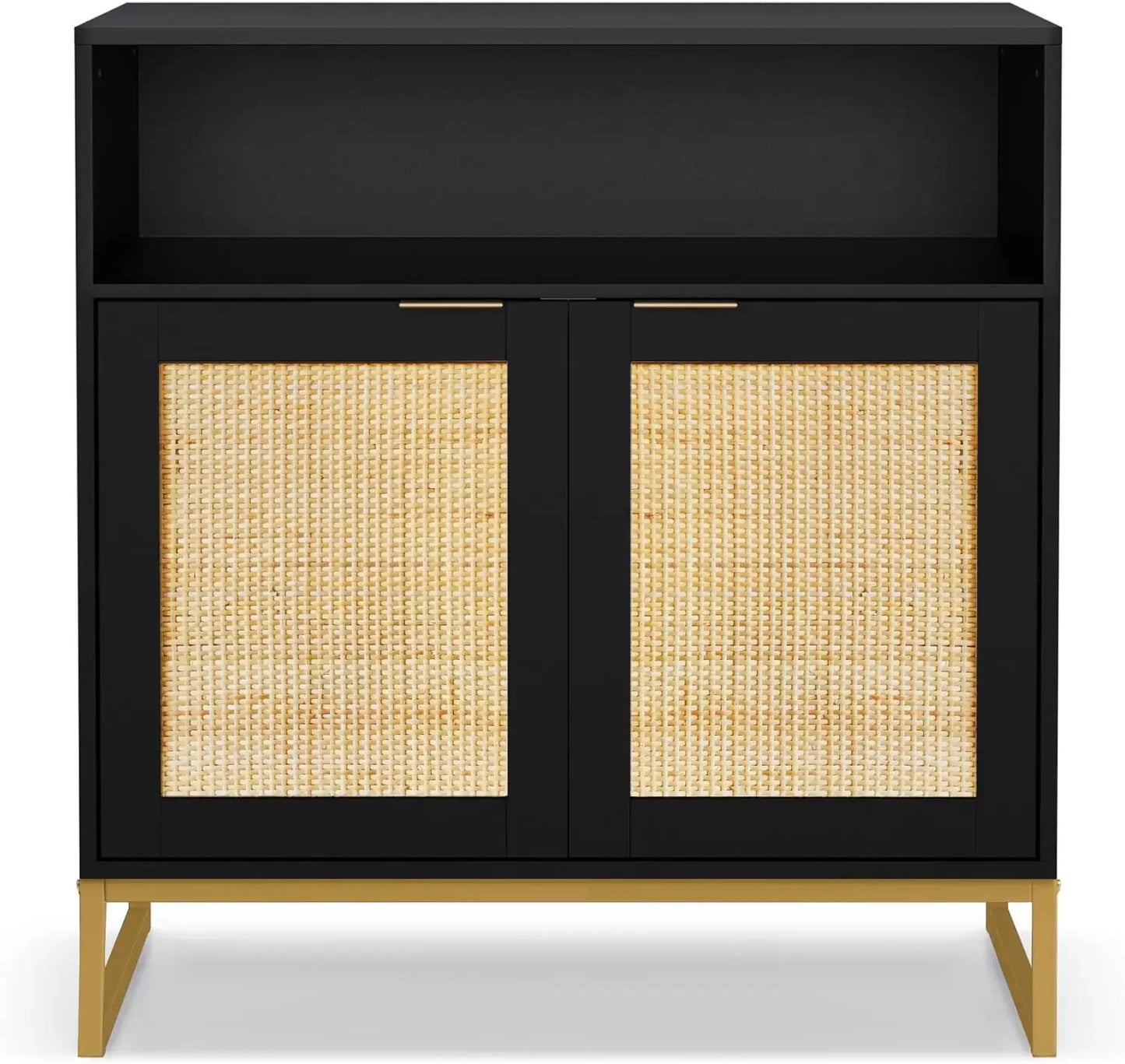 Rattan Cabinet, Storage Cabinet with Doors and Open Shelf Sideboard Buffet Cabinet for Dining Room Living Room Hallway Black