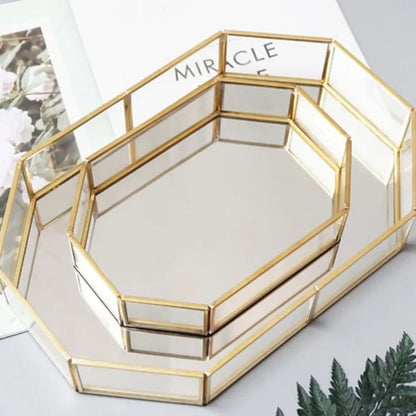 Golden Mirror Tray Cosmetic Container Jewelry Organizer Case Bathroom Storage Lipstick Necklace Desktop Makeup Storage Tray Orga