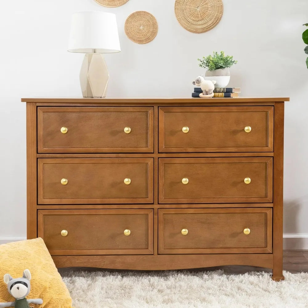 Dresser,6-Drawer Double Wide Dresser in Chestnut Suitable for bedrooms, living rooms, etc