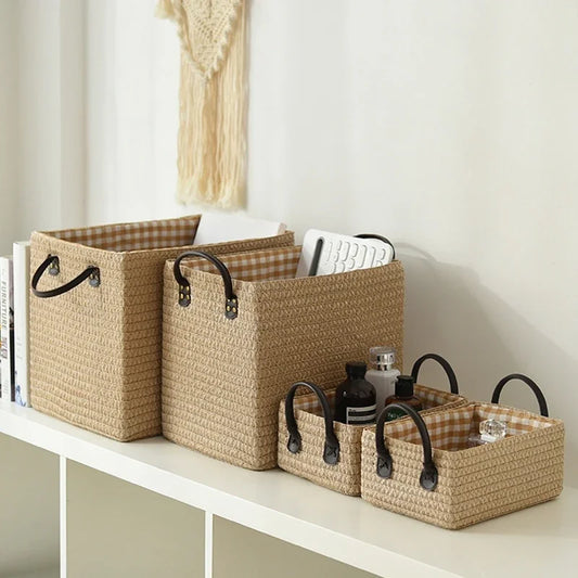 Woven Storage Baskets Foldable Storage Box with Handle Toy Snack Sundries Organizer Handmade Organizer Basket Drawer