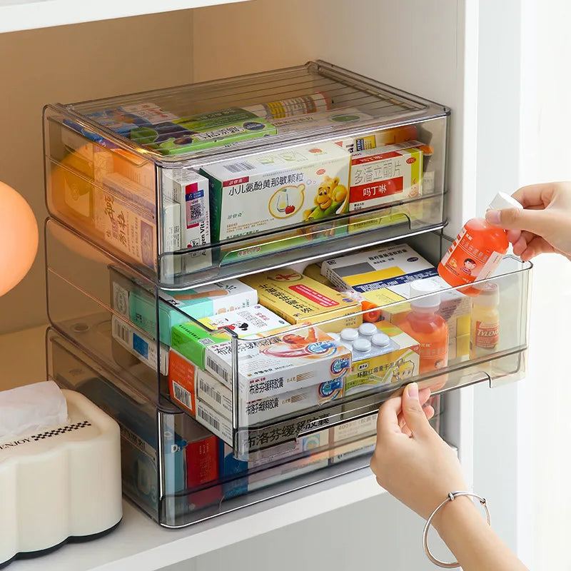 Large capacity transparent medicine box drawer storage box medicine storage cabinet home stackable storage rack