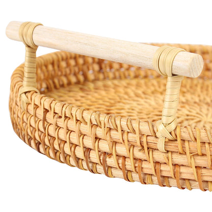 Dinner Serving Tray Breakfast Bread Food Plate Handwoven Rattan Storage Tray Round Shape Fruit Cake Wicker Basket With Handle