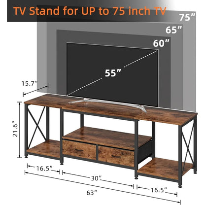 Fabric Drawers for 65 70 75 Inches TV - Entertainment Center and Industrial TV Console Table with Open Storage Shelves