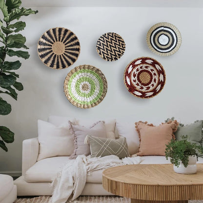 1pc Nordic Style Combination Wall Decoration Rattan Woven Grass Weaving Round Plate For Home Decoration Bedroom Background Decor