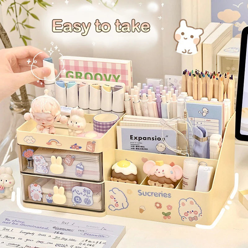 Desktop Cosmetic Storage Box Organizer Drawer Office Storage Rack Stationery Desk Pen Holder Bunny Drawer Organizer Cute Kawaii