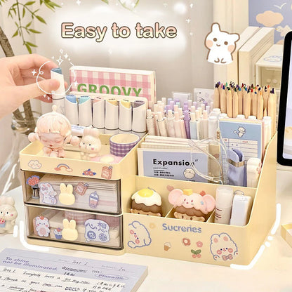 Desktop Cosmetic Storage Box Organizer Drawer Office Storage Rack Stationery Desk Pen Holder Bunny Drawer Organizer Cute Kawaii