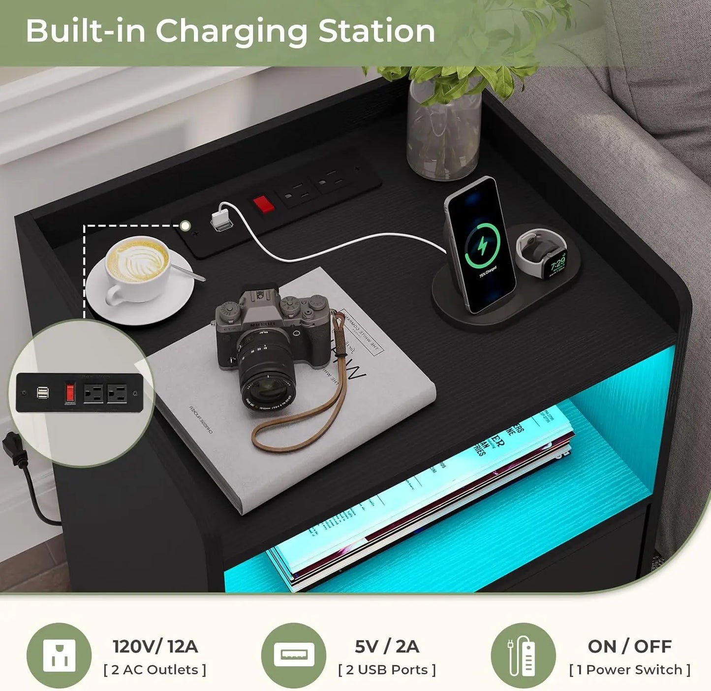 Nightstands Set of 2 with Charging Station and LED Lights