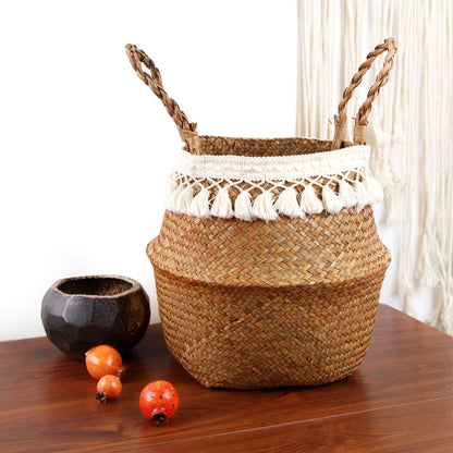 Tassel Macrame Woven Seagrass Belly Basket for Storage, Decoration, Laundry, Picnic, Plant Basin Cover, Groceries and Toy Storag