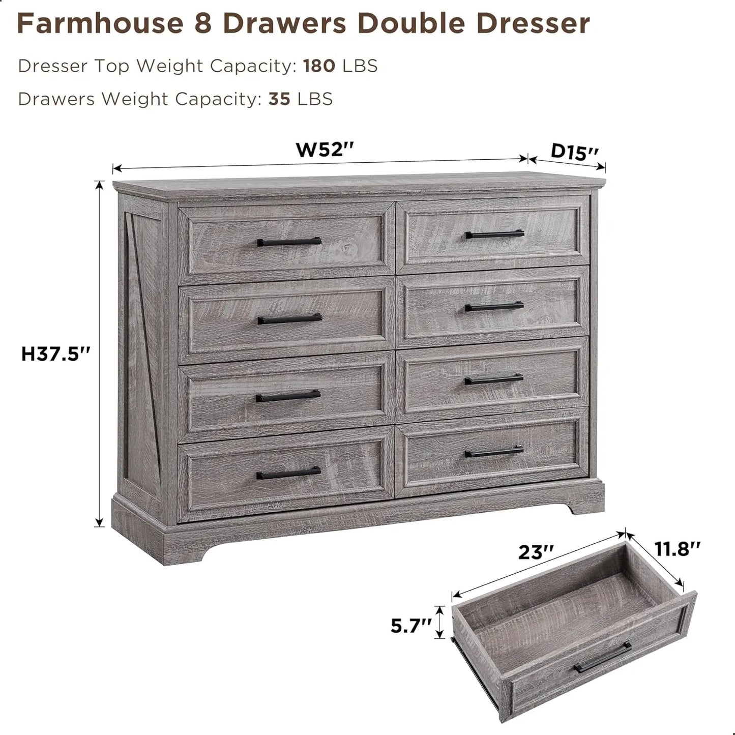 Farmhouse 8 Drawers Dresser Chests for Bedroom,52" Wide Wood Rustic Chest of Drawers with Metal Handle