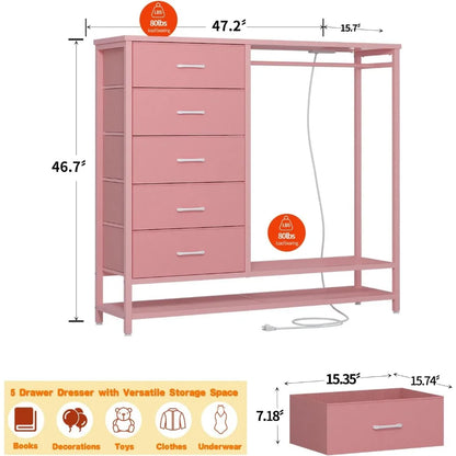 Dresser for Bedroom, Dresser with Hanging Rack Led Lights and Charging Station, Tall Dresser of Drawers with PU Finish Storage