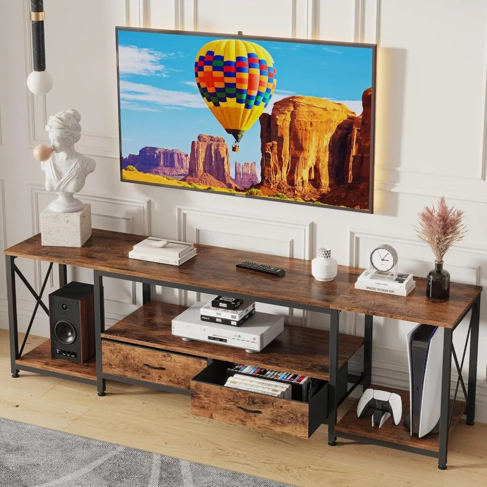 Fabric Drawers for 65 70 75 Inches TV - Entertainment Center and Industrial TV Console Table with Open Storage Shelves