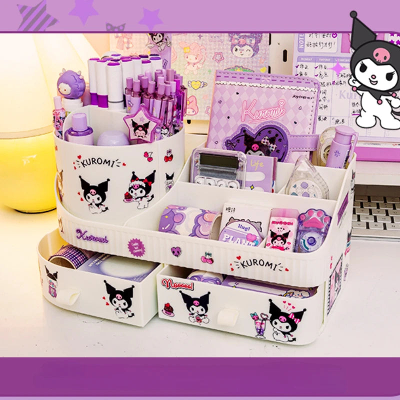 Kawaii Sanrio Kuromi Rotating Drawer Pen Holder Storage Box Organizer Large Capacity Desktop Cute Multi-functional Storage Rack