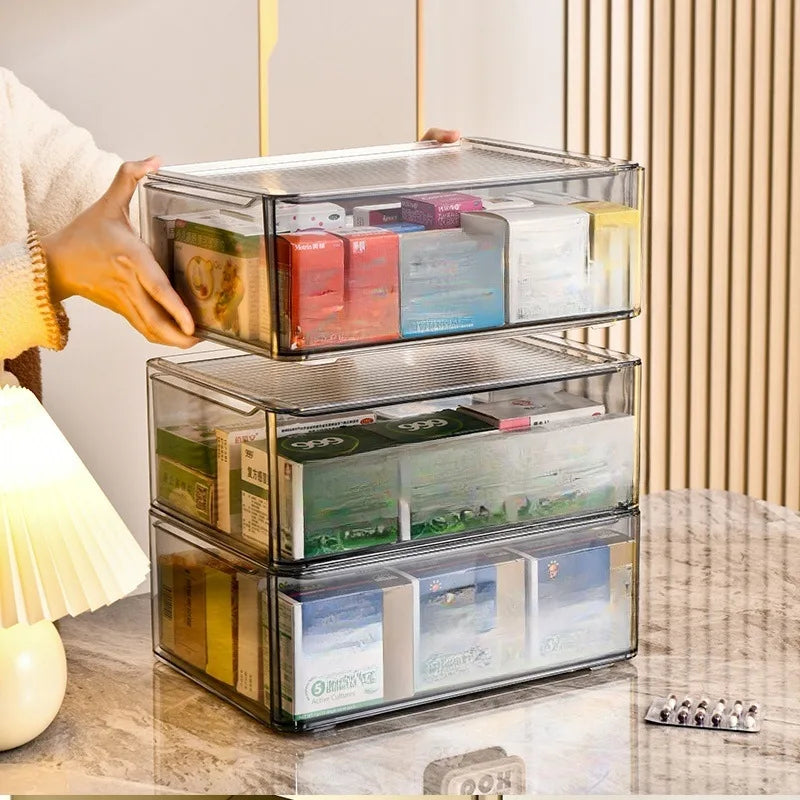 Large capacity transparent medicine box drawer storage box medicine storage cabinet home stackable storage rack