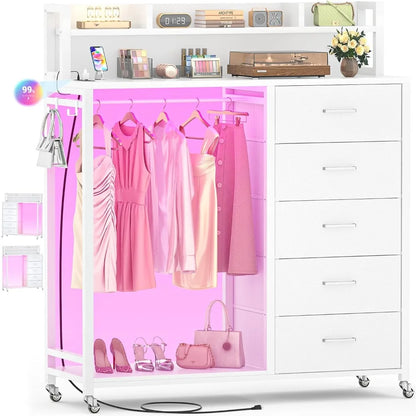 Dresser for Bedroom with Clothes Rack & Shelves, White 5 Drawers Dresser with Charging Station & LED Lights, Chest of Drawers