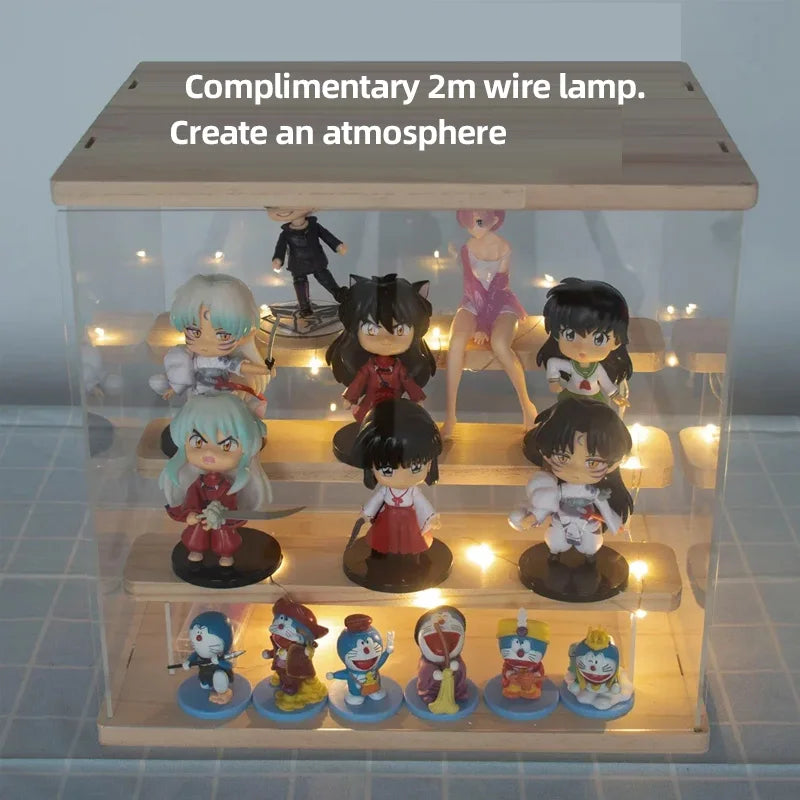 2-5 Tier Riser Acrylic Box Display Blind box Showcase Led Light Clear Wooden Shelves Storage Box Figure Displaying