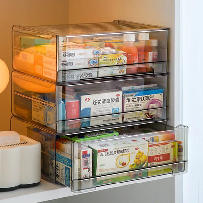 Large capacity transparent medicine box drawer storage box medicine storage cabinet home stackable storage rack