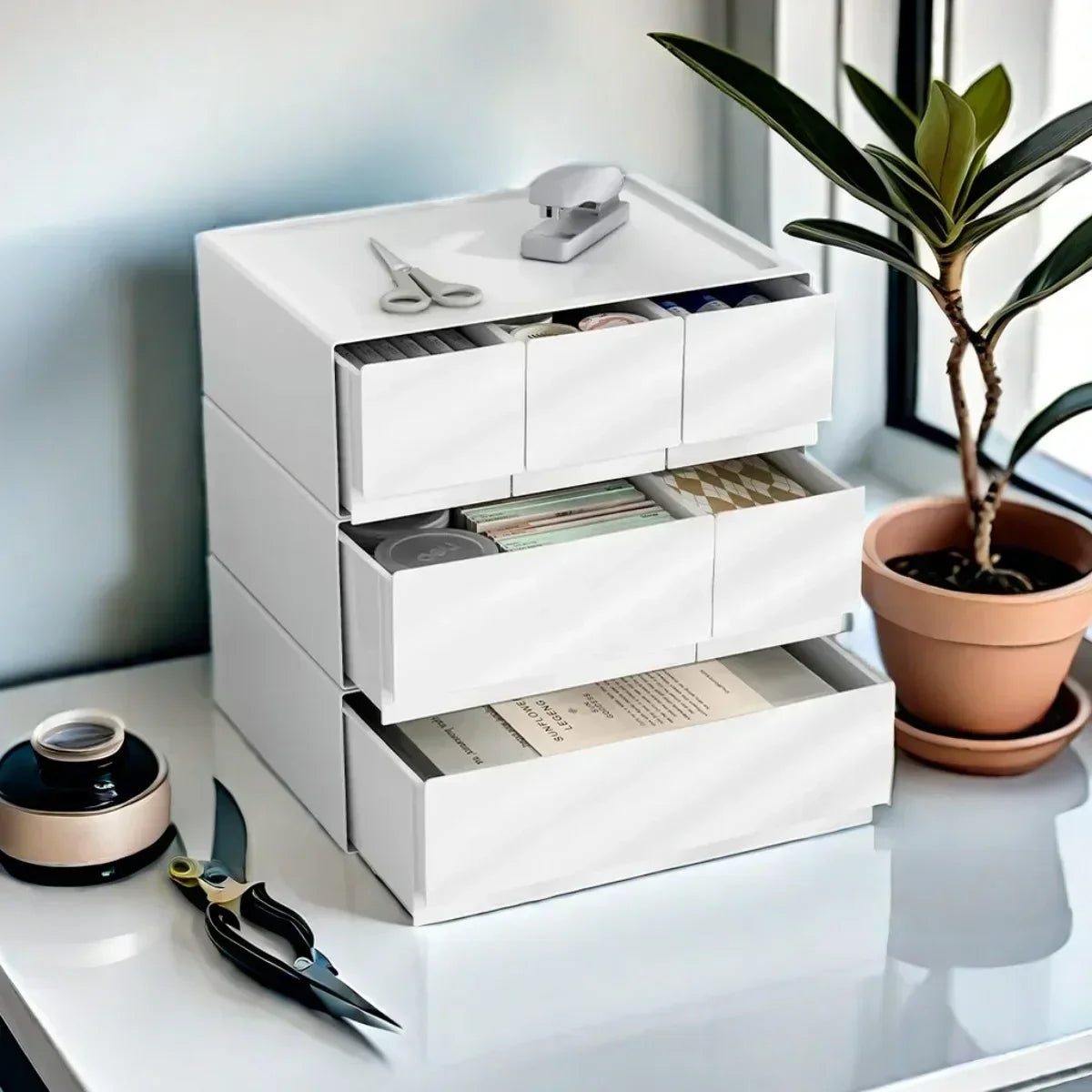 Stackable White Storage Drawer Desktop Storage Box for Office Home Cosmetic Stationery Organizer Home Desk Supplies Organizer