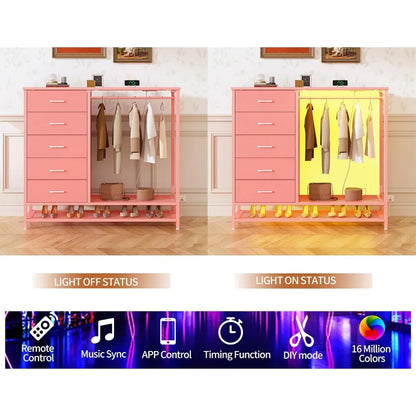 Dresser for Bedroom, Dresser with Hanging Rack Led Lights and Charging Station, Tall Dresser of Drawers with PU Finish Storage