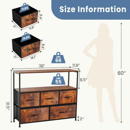 JHK TV Stand Dresser For Bedroom With 5 Fabric Drawers Storage Closet Chest Clothes Storage Display Cabinet Of Furniture