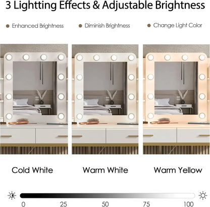 Vanity Desk with Mirror and 10 Led Lights, with Charging Station,Makeup Vanity Table Set with Lighted Mirror, 3 Lighting Modes