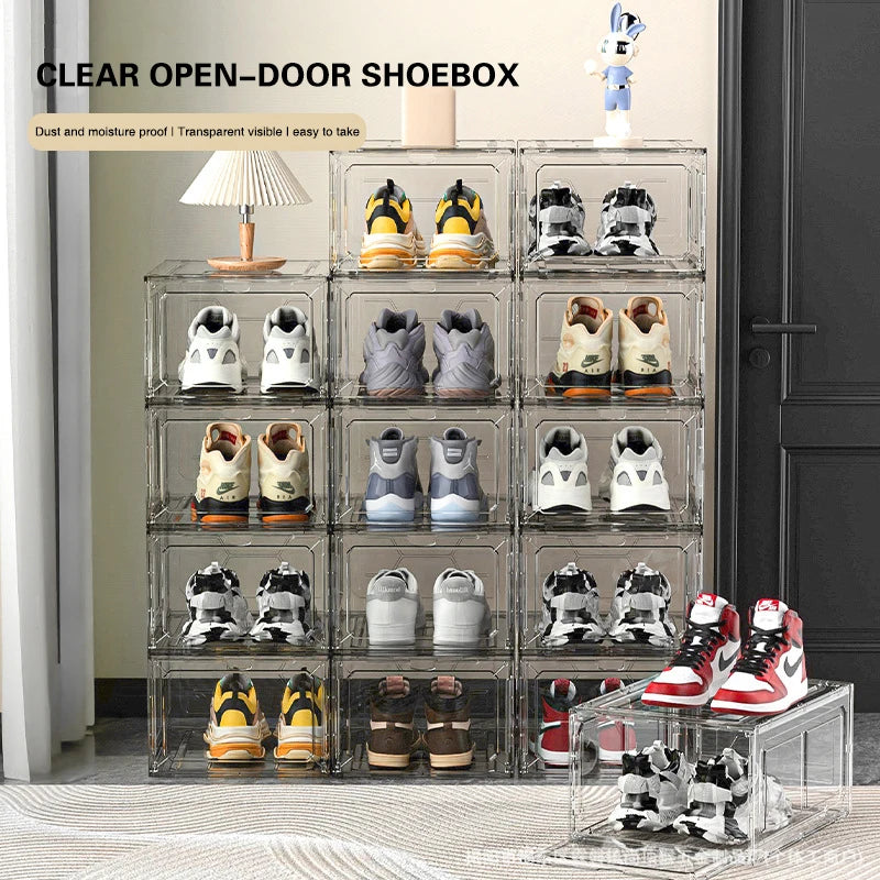 Transparent Shoe Box Magnetic Suction Door Thickened Plastic Storage Holder Detachable Dustproof Shoe Storage Boxes Wholesale