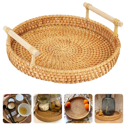 Dinner Serving Tray Breakfast Bread Food Plate Handwoven Rattan Storage Tray Round Shape Fruit Cake Wicker Basket With Handle