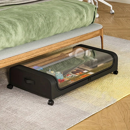 Large Capacity Underbed Quilts Storage Bag With Wheels Visible Window Under Bed Metal Zippered Box For Clothes Book Toys Blanket