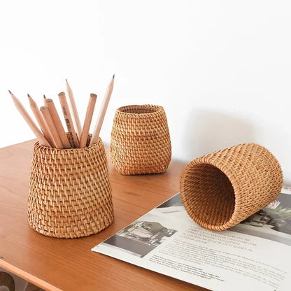 Handmade Rattan Pencil Holder Home Decoration Sundries Storage Basket Tableware Storage Household Pen Container Student Gifts