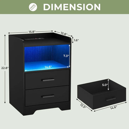 Nightstands Set of 2 with Charging Station and LED Lights