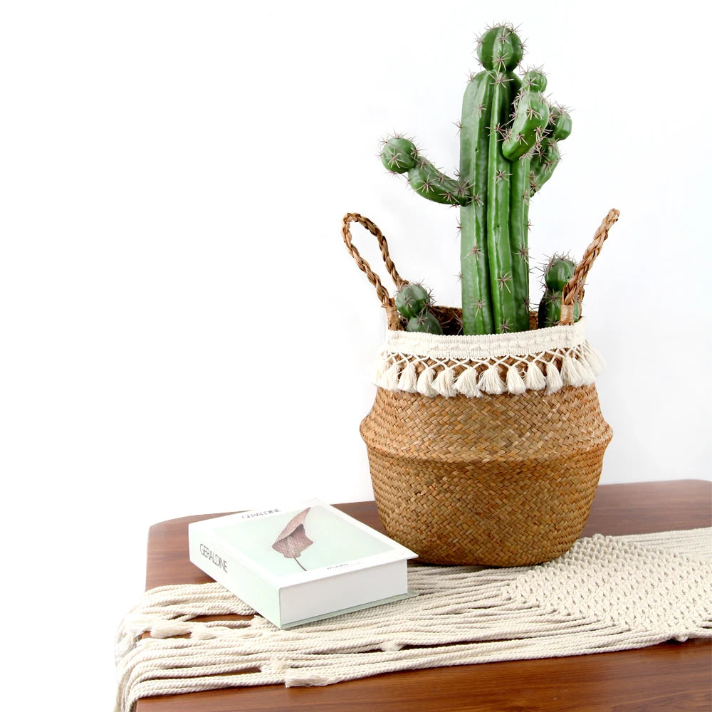 Tassel Macrame Woven Seagrass Belly Basket for Storage, Decoration, Laundry, Picnic, Plant Basin Cover, Groceries and Toy Storag