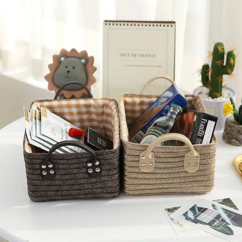 Woven Storage Baskets Foldable Storage Box with Handle Toy Snack Sundries Organizer Handmade Organizer Basket Drawer