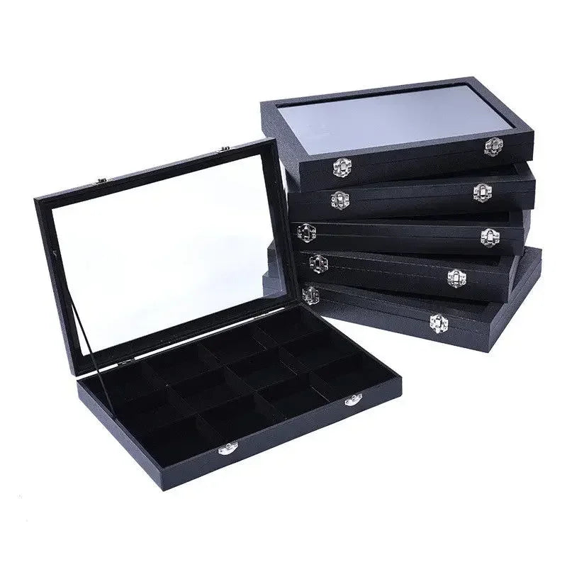 Hard Balck PU Jewelry Box With Glass Cover Storage Ring Earring Bracelet Necklace Display Organizer Storage Case Box