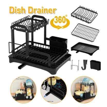 2 Tier Dish Drying Rack with Drip Tray Kitchen Sink Organizer Chopstick Holder Cutting Board Holder 360-Degree Retractable Drain