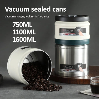 Coffee Bean Vacuum Sealed Tank 750/1100/1600ML Stainless Steel Grain Tea Nut Keep Fresh Storage Box Kitchen Airtight Sealed Cans