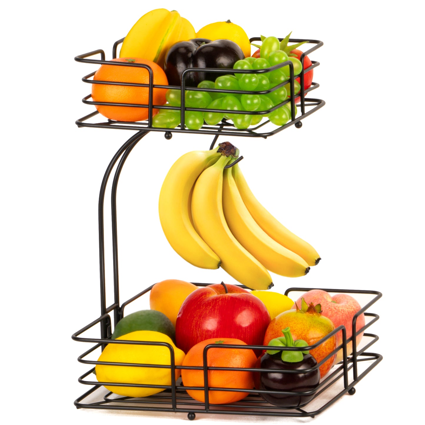 Auledio 2-Tier Square Countertop Fruit Vegetables Basket Bowl Storage With Banana Hanger, Black